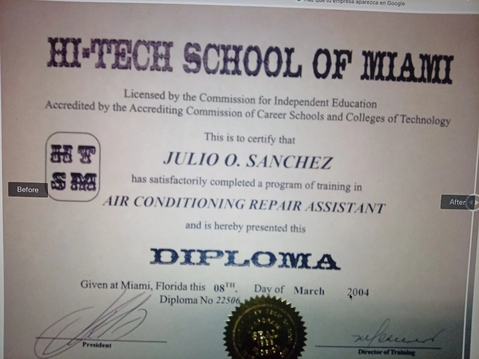Air conditioning training certificate for Julio Sanchez