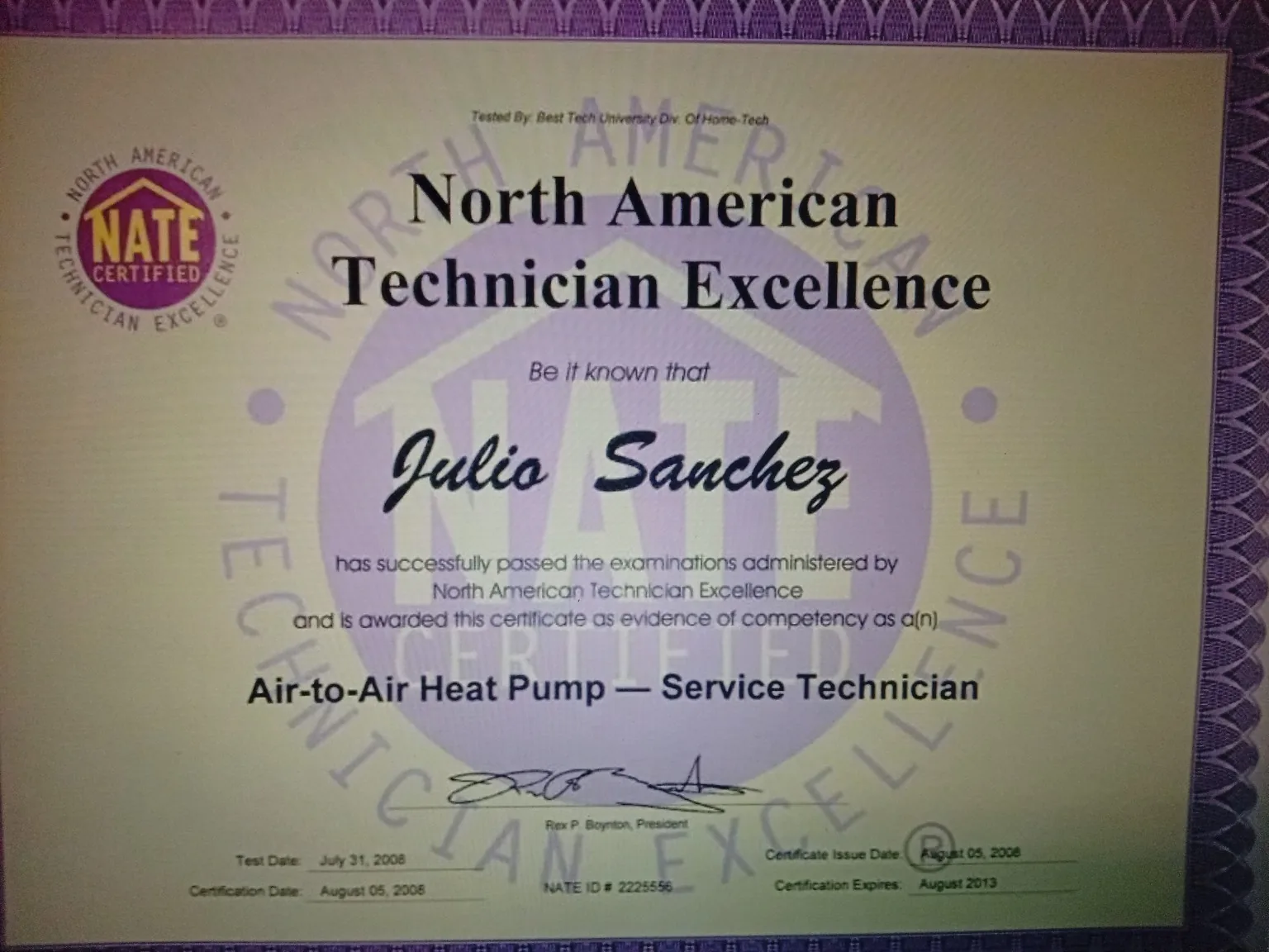 NATE technician certification document